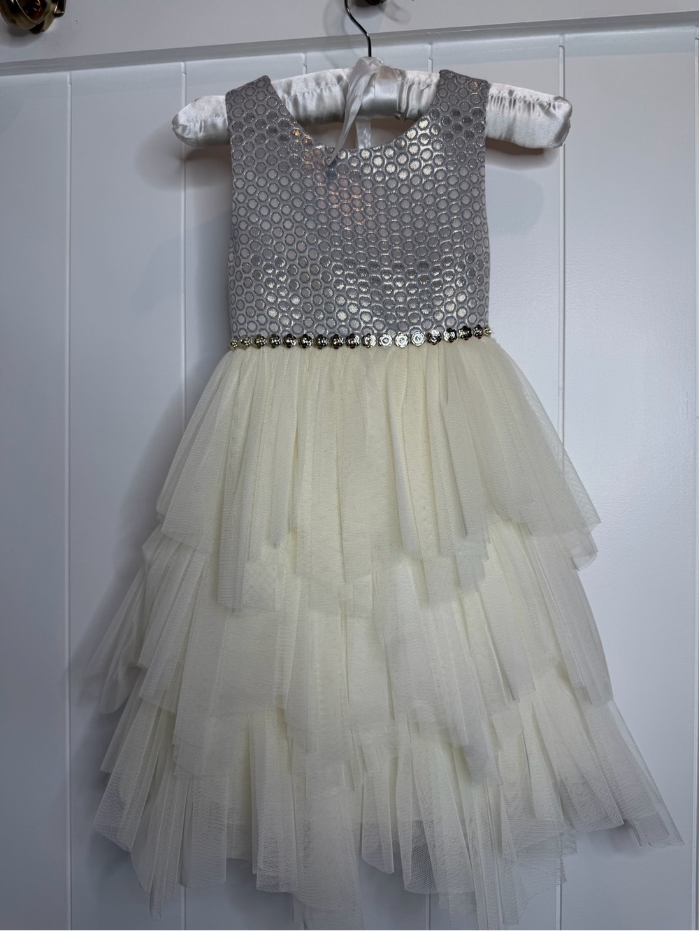 American Princess Silver Bodice Cream Layered Tulle Dress